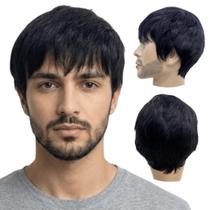 Peruca curta preta masculina cabelo humano liso unissex