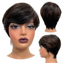 Peruca curta preto mechas castanho claro mel c/ franja F2/30 Peruca curta preto mechas castanho claro mel c/ franja F2/30