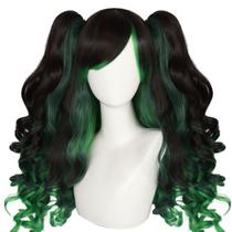 Peruca de 60 cm de comprimento, cauda dupla encaracolada com franja, preta, verde, ombre Peruca de 60 cm de comprimento, cauda dupla encaracolada com franja, preta, verde, ombre