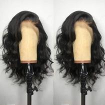 Peruca de Cabelo Humano com Lace Frontal - 16 Polegadas, Ondulada, Preta