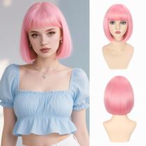 Peruca de cabelo refinado Pink Bob com franja de 30 cm para mulheres e meninas