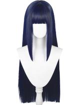 Peruca de cabelo sintético azul escuro liso de meio a meio