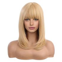 Peruca de cabelo sintético curto Bob 35 cm com franja cor loira Peruca de cabelo sintético curto Bob 35 cm com franja cor loira