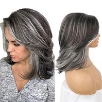 Peruca de cabelo sintético de 45 cm elegante cinza Ombre Bob para mulheres