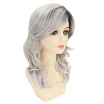 Peruca de cabelo sintético de 50 cm de comprimento encaracolado com franja lateral cinza