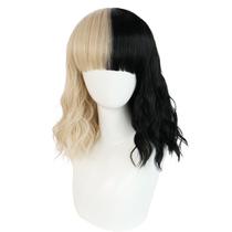 Peruca de comprimento médio, cor dividida, 40 cm, com franja, 16 polegadas, preta
