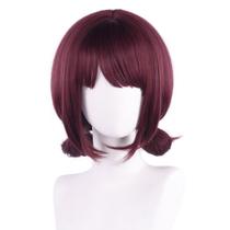 Peruca de cosplay Anime Burgundy Short Twin Bun com franja de 40 cm