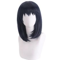 Peruca de cosplay, anime, comprimento médio, azul escuro, cabelo em camadas