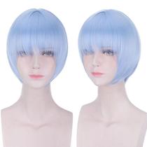 Peruca de cosplay Anime Light Blue Bob Short com franja reta