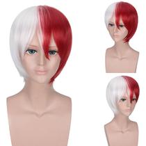 Peruca de cosplay Anime vermelha e branca Split Color 35cm