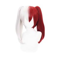 Peruca de cosplay, anime, vermelho e branco, cor dividida, rabo de cavalo duplo