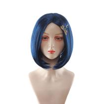 Peruca de cosplay azul Bob Cut sintética de 30 cm com grampo de borboleta