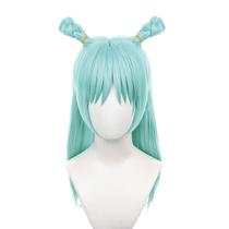 Peruca de cosplay azul claro, coque duplo trançado longo com franja