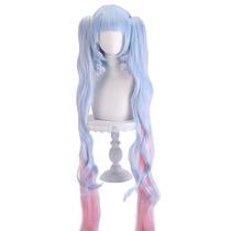 Peruca de cosplay azul claro rosa gradiente com cauda dupla com franja