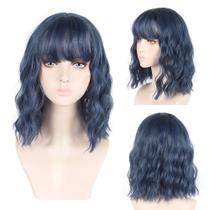 Peruca de cosplay azul ondulada Bob com franja para mulheres de 30 cm