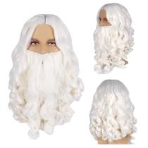 Peruca de cosplay branca encaracolada sintética de 55 cm com barba longa