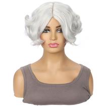Peruca de cosplay cinza branca curta encaracolada resistente ao calor sintética