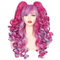 Peruca de cosplay ColorGround Long Curly com 2 rabos de cavalo rosa choque Peruca de cosplay ColorGround Long Curly com 2 rabos de cavalo rosa choque