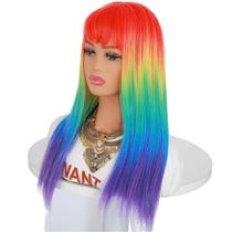 Peruca de cosplay colorida em gradiente de arco-íris com franja cheia