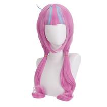 Peruca de cosplay com 65 cm de comprimento, rosa e azul, rabo de cavalo duplo, fibra sintética