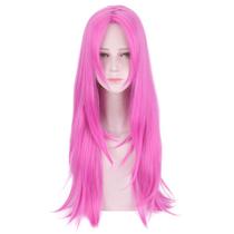 Peruca de cosplay com 70 cm de comprimento, rosa choque, cabelo liso em camadas
