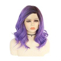 Peruca de cosplay com peruca frontal de renda, fone de ouvido tingido de roxo para metade Peruca de cosplay com peruca frontal de renda, fone de ouvido tingido de roxo para metade