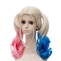Peruca de cosplay com rabo de cavalo loiro duplo com gradiente rosa e azul