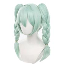 Peruca de cosplay com rabos de cavalo gêmeos trançados, verde menta claro, 45 cm