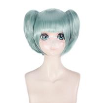 Peruca de cosplay curta azul claro com rabos de cavalo duplos e franja