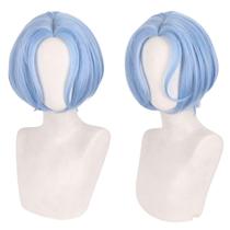 Peruca de cosplay curta azul claro de 35 cm para mulheres e homens