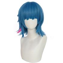 Peruca de cosplay curta azul com corte em camadas e listras rosa Peruca de cosplay curta azul com corte em camadas e listras rosa