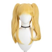 Peruca de cosplay curta loira com cauda dupla com franja reta de 45 cm