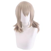 Peruca de cosplay curta loira com franja lateral de 35 cm de fibra sintética