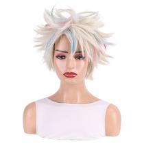 Peruca de cosplay curta loira espetada com reflexos rosa e azul