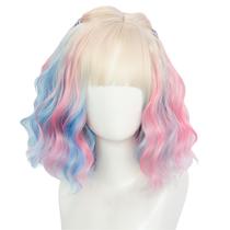 Peruca de cosplay curta ondulada loira rosa azul com franja 35cm