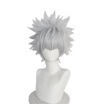 Peruca de cosplay curta prateada, pontiaguda, resistente ao calor, 35 cm, unissex