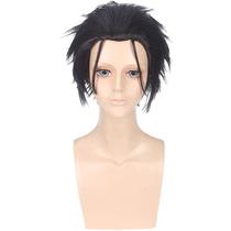 Peruca de cosplay curta, preta, cinza, espetada, 30 cm, resistente ao calor, sintético