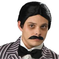 Peruca de cosplay curta preta com bigode para homens de 15 cm clássica