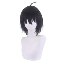 Peruca de cosplay curta preta em camadas de 30 cm, sintética resistente ao calor