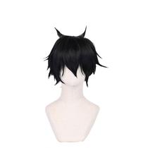 Peruca de cosplay curta preta espetada sintética resistente ao calor de 16 cm