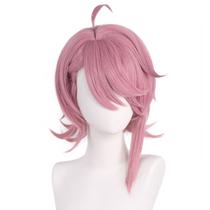 Peruca de cosplay curta rosa sintética com Ahoge 40cm