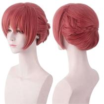 Peruca de cosplay curta trançada rosa com franja lateral resistente ao calor