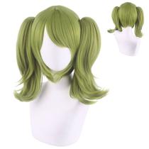 Peruca de cosplay curta verde claro com rabos de cavalo duplos de 35 cm para todas as idades