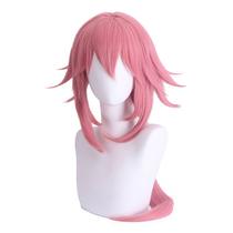 Peruca de cosplay de 75 cm de comprimento rosa em camadas com pontas viradas e franja lateral