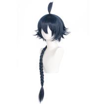 Peruca de cosplay de anime azul, cabelo curto espetado com rabo de cavalo trançado
