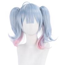 Peruca de cosplay de anime azul claro com pontas rosa, rabos de cavalo duplos de 40 cm