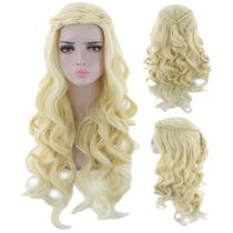 Peruca de cosplay de anime com 70 cm de comprimento, loira encaracolada com coroa trançada