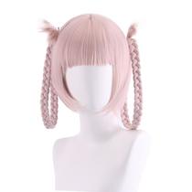 Peruca de cosplay de anime genérica de 35 cm curta, rosa claro, trançada