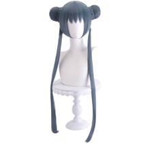 Peruca de cosplay de anime longa de cabelo azul cinza com pãezinhos trançados de 80 cm
