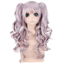 Peruca de cosplay de anime longa encaracolada roxa clara com rabo de cavalo duplo